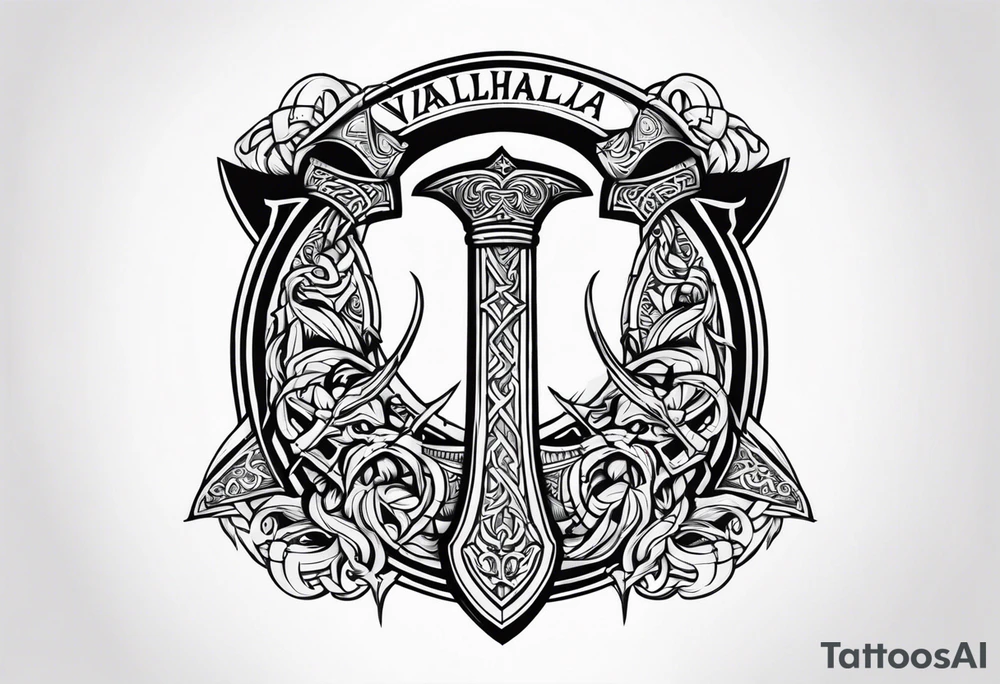 Valhalla sword shield dragon axe viking church tattoo idea