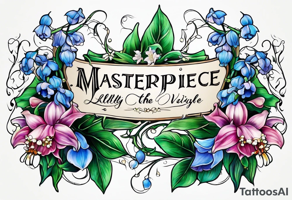 Vines and Lilly of the Valley and Larkspur flowers and the words ALL THE THINGS. EVERYWHERE. tattoo idea