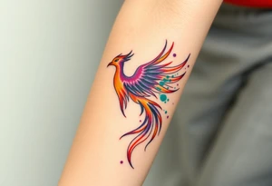 Phoenix with blazing flames with purple, orange, teal and green splashes tattoo idea