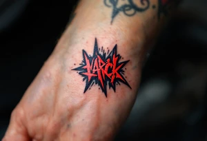 Graffiti-inspired bold red and black lettering, giving the tattoo an urban, rebellious edge. tattoo idea