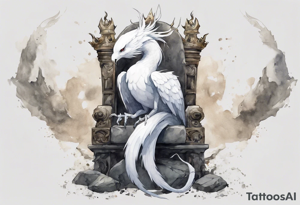 a white bird-serpent hybrid, wearing a pewter crown on its head, resting on a stone throne tattoo idea