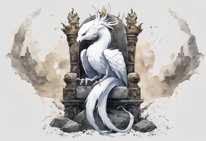 a white bird-serpent hybrid, wearing a pewter crown on its head, resting on a stone throne tattoo idea