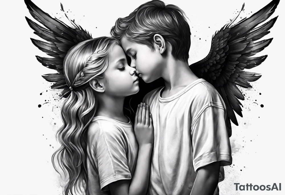 3 angels praying together. The two boy angels are on either side of the girl angel, with their wings gently enfolding tattoo idea