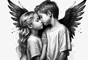 3 angels praying together. The two boy angels are on either side of the girl angel, with their wings gently enfolding tattoo idea
