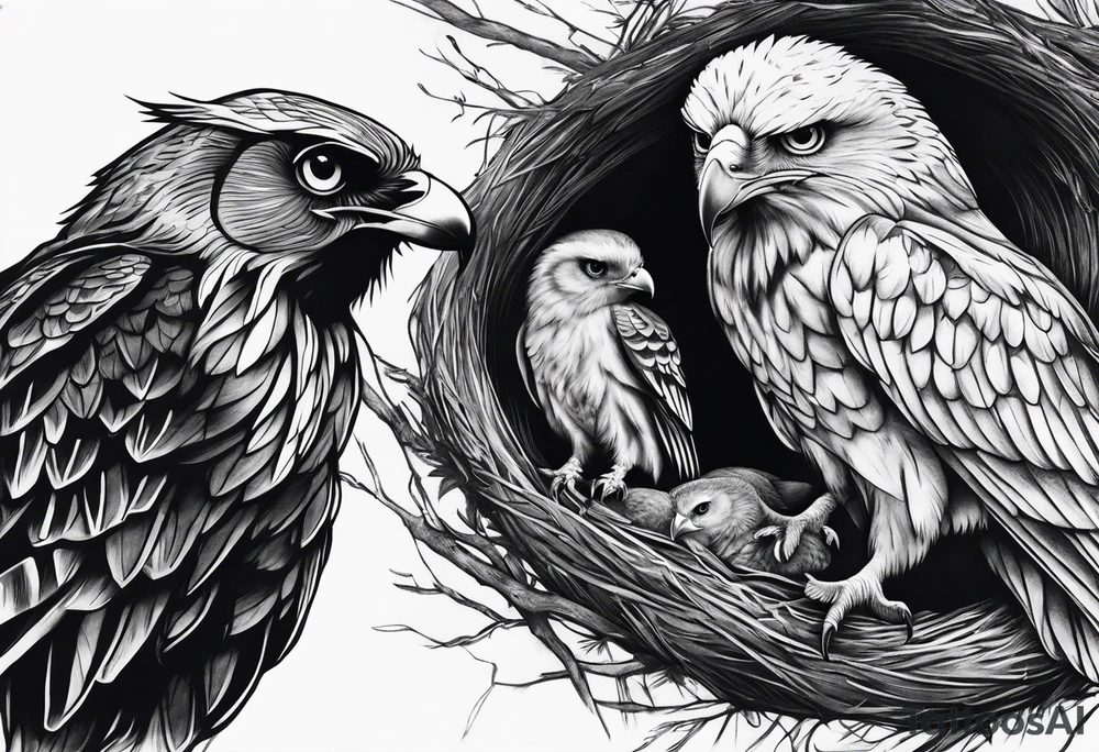 Owl, raven, eagle cuddled in a nest, looking down into the nest tattoo idea