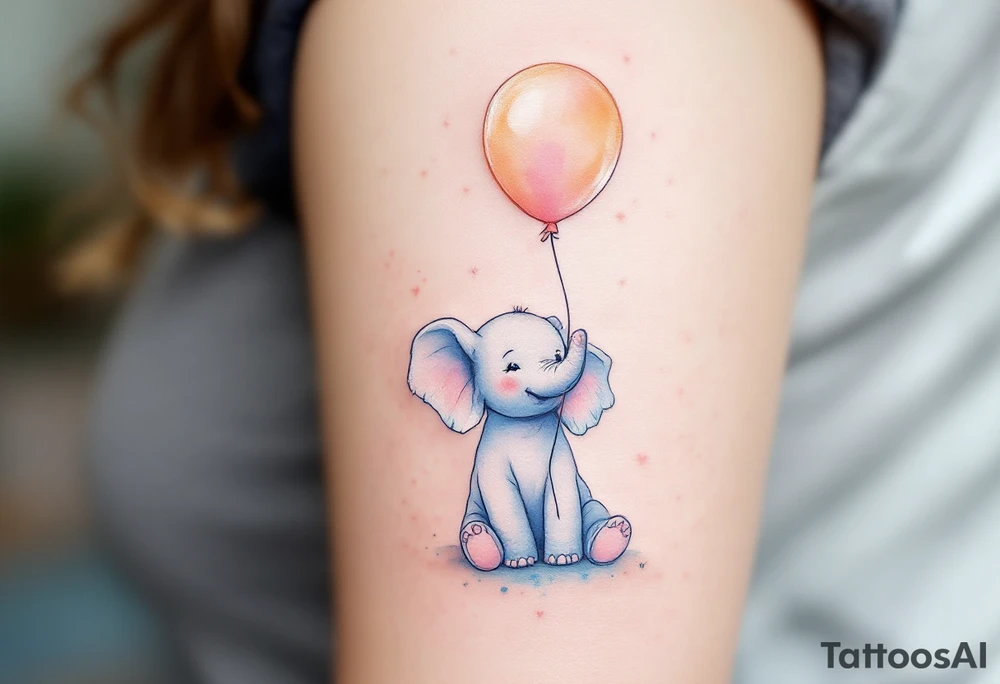 Delicate outline of a baby elephant holding a balloon with name Natálie – 22.10.2023 v 5:15 in pastel peach script. tattoo idea