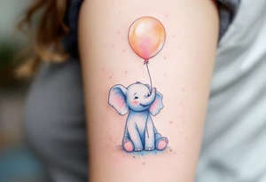 Delicate outline of a baby elephant holding a balloon with name Natálie – 22.10.2023 v 5:15 in pastel peach script. tattoo idea
