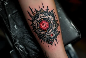 A tattoo depicting a mechanical full arm tattoo socketed into the forearm, with crimson power cores pulsing behind stainless steel plating. tattoo idea