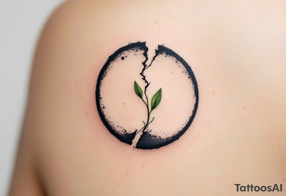 A broken circle in charcoal gray with a sprouting green leaf at the gap, symbolizing growth and renewal. tattoo idea