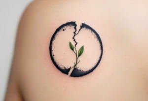 A broken circle in charcoal gray with a sprouting green leaf at the gap, symbolizing growth and renewal. tattoo idea