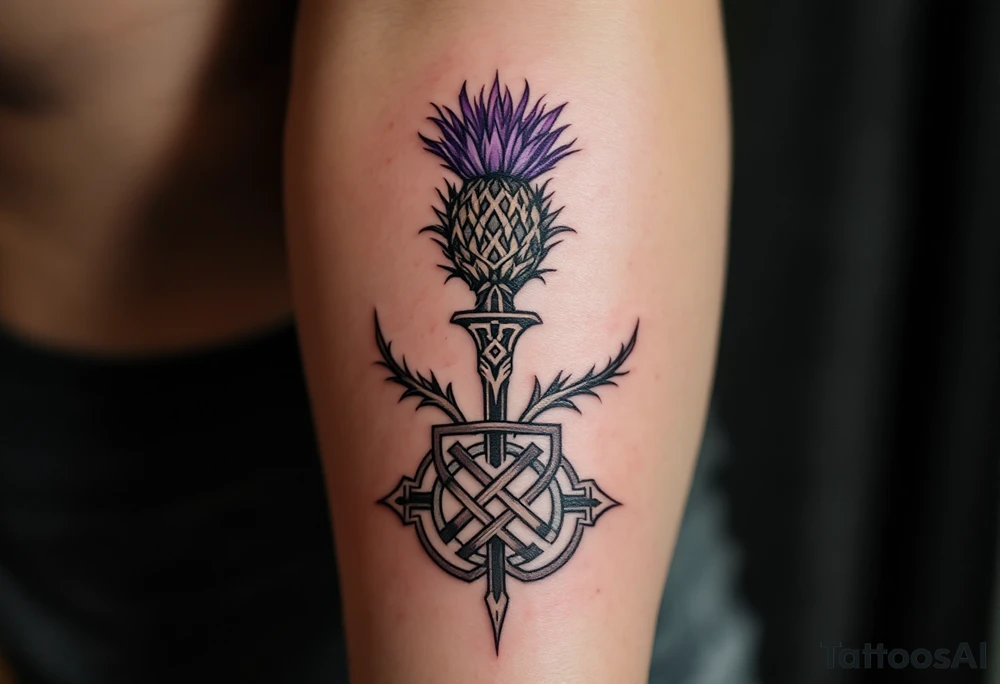 include the Scottish Gaelic translation of, "What is destined for you won't pass you by" and the Scottish thistle along with a Scottish Celtic cross. To be tattooed on the forearm tattoo idea