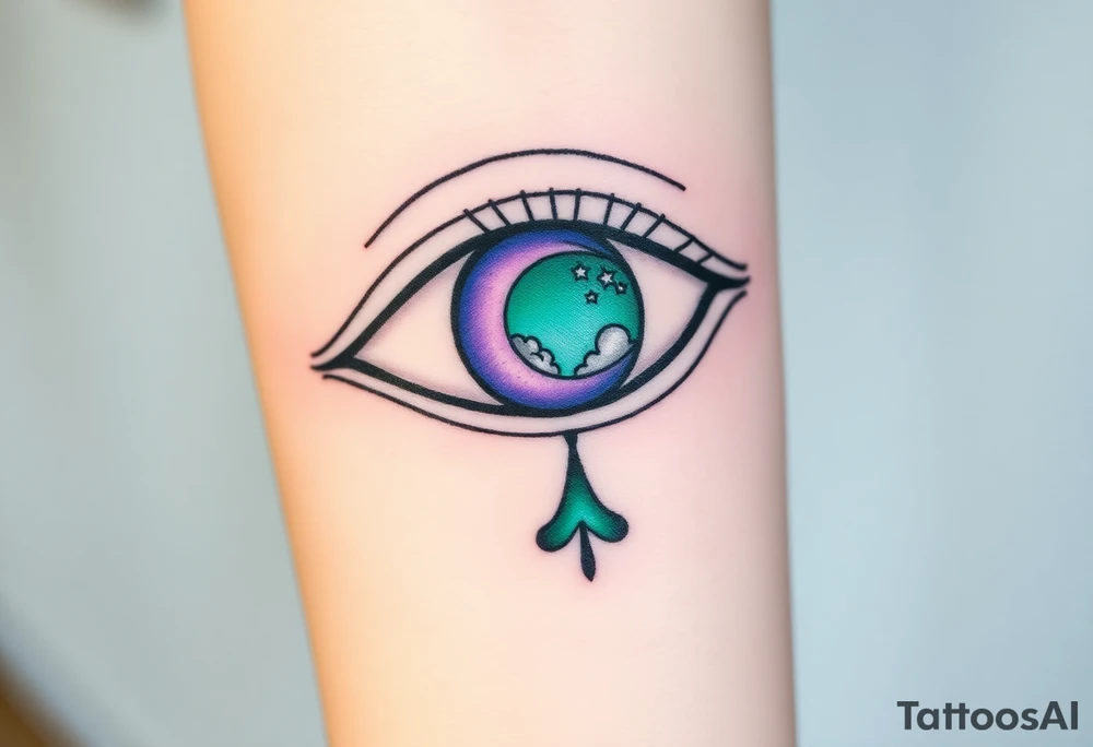 Large outline of an almond shaped eye with an ace of spades for the eyeball colored greenish blue with a crescent moon stars and clouds inside vivid colors blue green purple tattoo idea