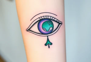 Large outline of an almond shaped eye with an ace of spades for the eyeball colored greenish blue with a crescent moon stars and clouds inside vivid colors blue green purple tattoo idea