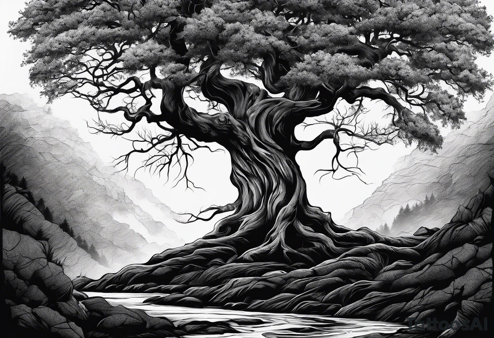 a tall tree with roots with the text of "Deep roots are not reached by the frost." around it tattoo idea