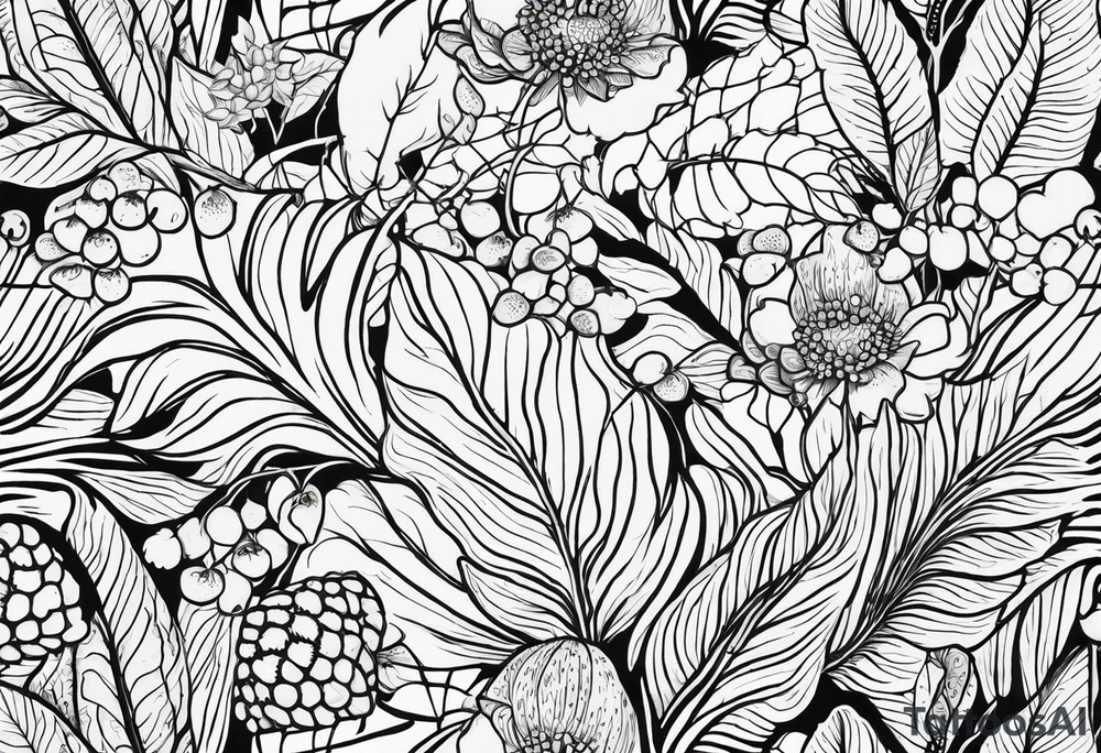 forest floor inspired tattoo, which includes grass, curly ferns and dead leaves as the bulk of the tattoo. details to include: three  tiny strawberries, couple of very small mushrooms, a tiny bumblebee flying nearby tattoo idea