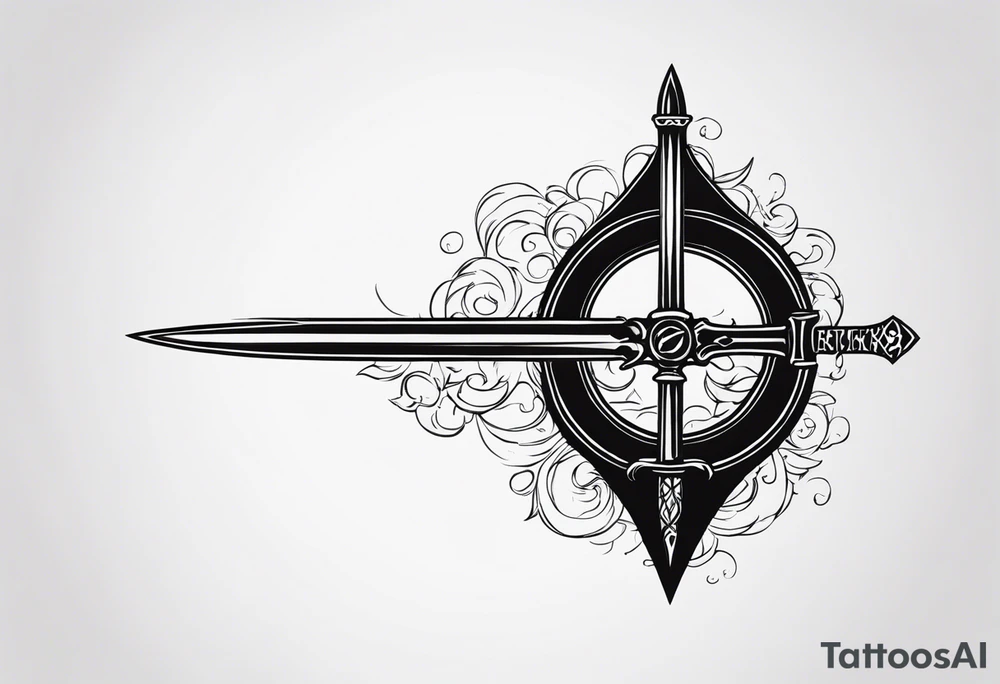 Sketch of a sword in gothic style with added creepy elements and the inscription “get rich” tattoo idea