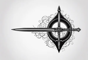 Sketch of a sword in gothic style with added creepy elements and the inscription “get rich” tattoo idea