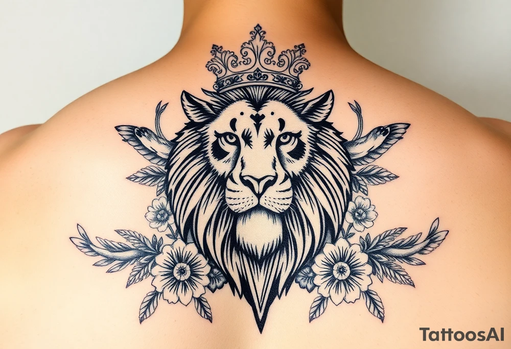 powerful majestic lion with a crown and owl  surrounded by floral ornaments and birds tattoo idea