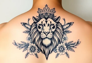 powerful majestic lion with a crown and owl  surrounded by floral ornaments and birds tattoo idea
