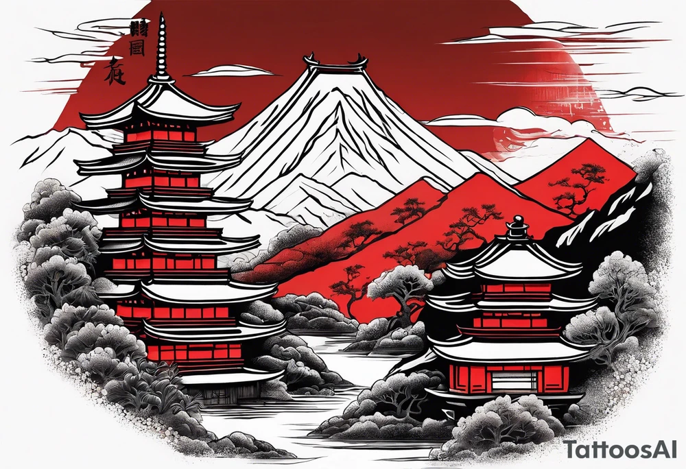 red mountains which there are two fantasies castles. tattoo idea
