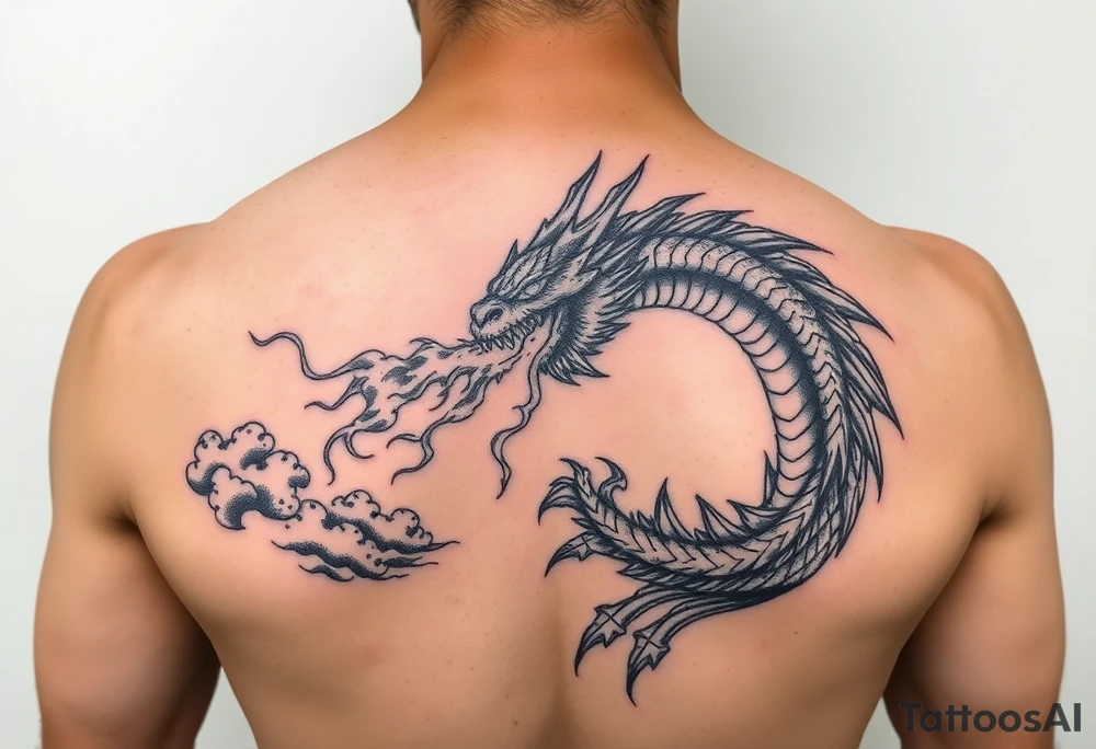 fierce dragon breathing iridescent fire against stormy skies tattoo idea