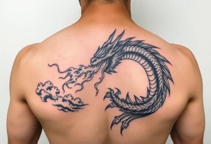 fierce dragon breathing iridescent fire against stormy skies tattoo idea