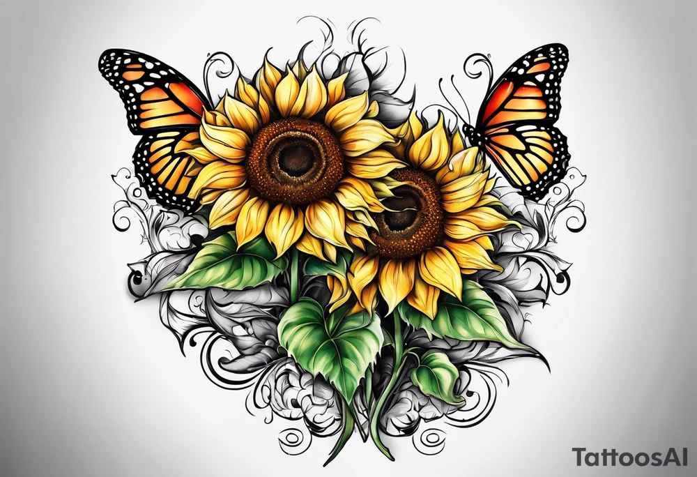 2 sunflowers on top of eachother with a butterfly underneath them tattoo idea