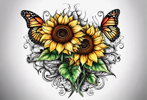 2 sunflowers on top of eachother with a butterfly underneath them tattoo idea