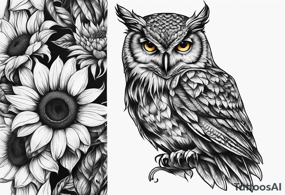 Owl with sunflowers leg sleeve tattoo idea