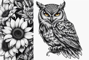 Owl with sunflowers leg sleeve tattoo idea