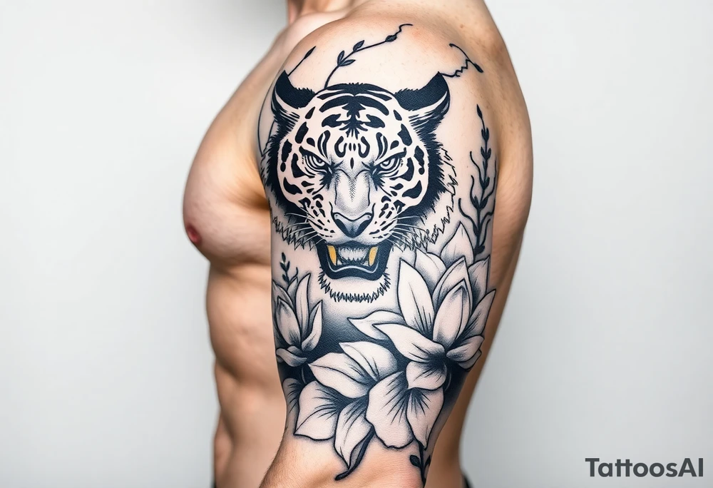 fierce tiger emerging through blooming lotus flowers in mist tattoo idea