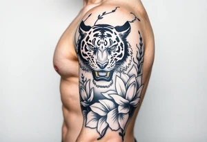 fierce tiger emerging through blooming lotus flowers in mist tattoo idea