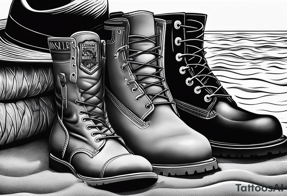Keep it simple. A pair of timberland boots next to two flip flops and a cowboyhat on the Beach. tattoo idea