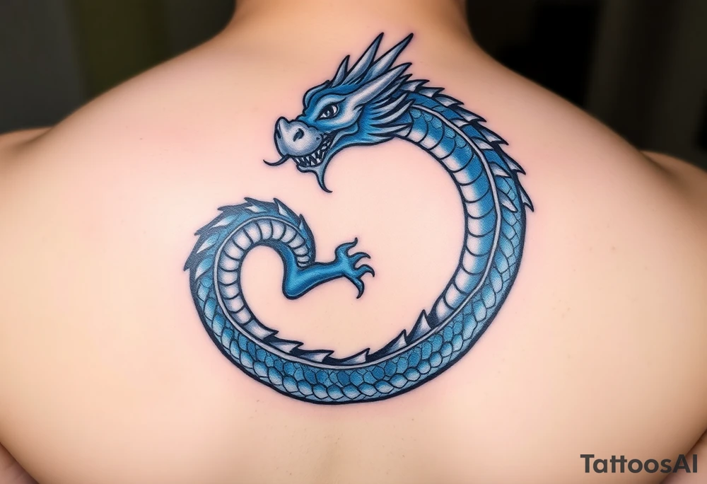 The design features a dragon, coiled in the shape of the infinity symbol (sideways number "8"). The dragon is depicted eating its own tail, symbolizing eternity and continuity, inspired by the Ouroboros.

Details:

The dragon's body has vibrant, glossy blue scales, with a smooth and polished texture.
It maintains a clean, balanced shape in the infinity figure, with sharp details and elegant flow.
Style:

The focus remains on the dragon's form, with no additional background elements to keep the design minimal and modern. tattoo idea