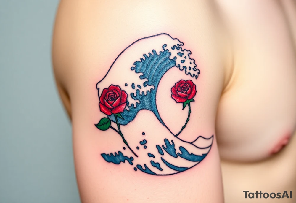 The Great Wave off Kanagawa With a red rose with a stem on the side of the wave tattoo idea