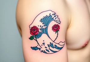 The Great Wave off Kanagawa With a red rose with a stem on the side of the wave tattoo idea