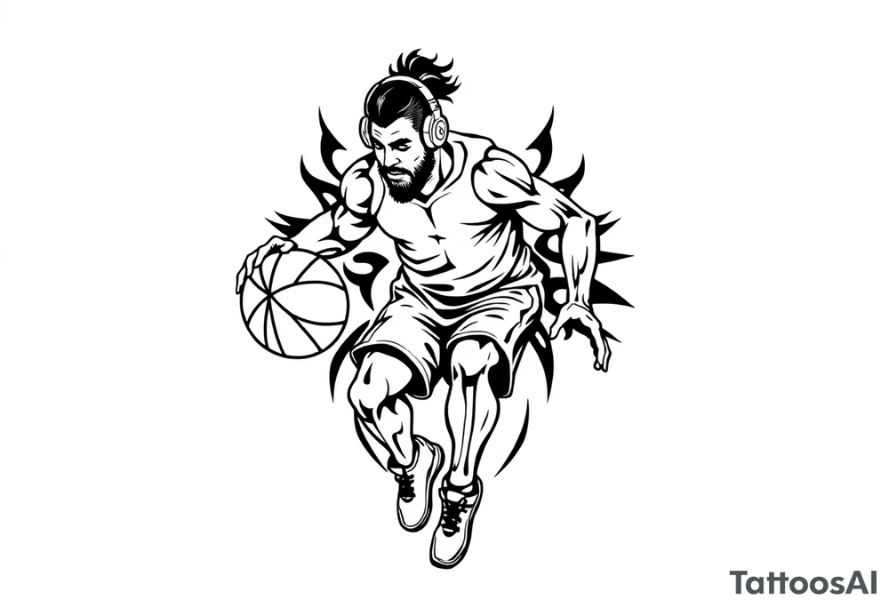 A guy dribbling a basketball with headphones on tattoo idea