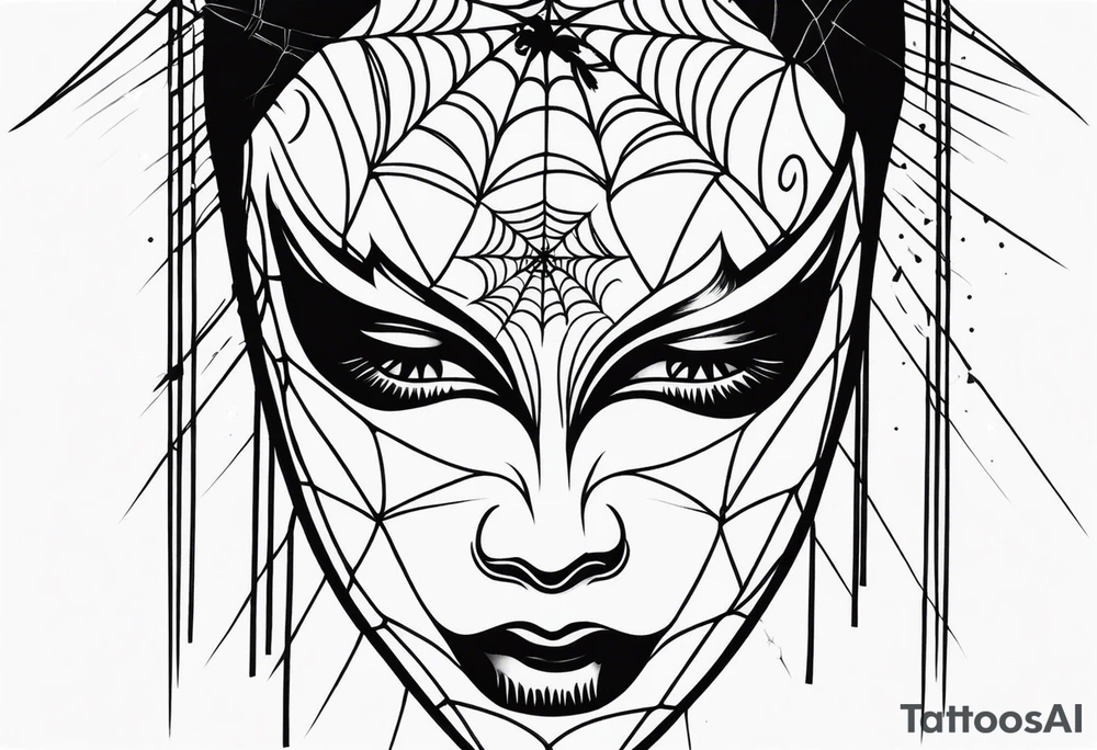 Crying masquerade face with spider webs tattoo idea