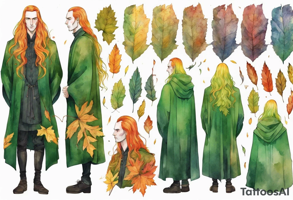 A tall, beautiful Swedish man with long rainbow hair. Green tinted skin. Wearing a medieval cloak made out of autumn leaves. tattoo idea