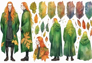 A tall, beautiful Swedish man with long rainbow hair. Green tinted skin. Wearing a medieval cloak made out of autumn leaves. tattoo idea