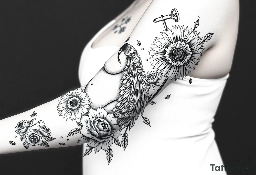 Storm, darkness, seven deadly sins, fat naked woman, peacock, dead sunflower and rosesflowers, razor blades, noose, couple having sex , cupcake ,cigerettes tattoo idea