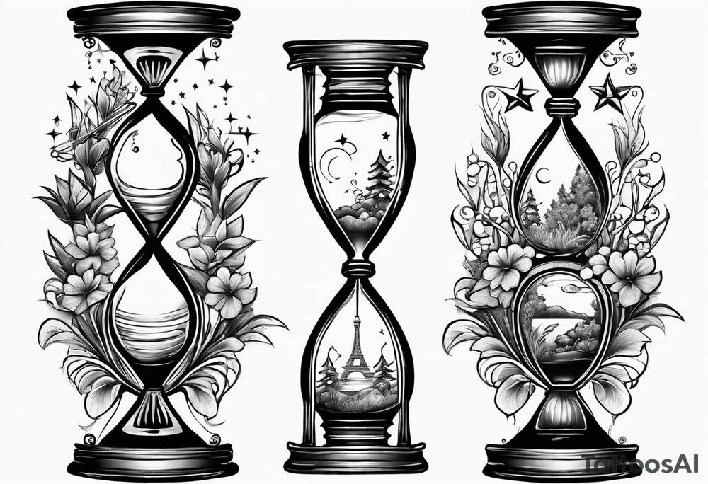 hourglass with vegetation, stars and hydrogen atoms tattoo idea