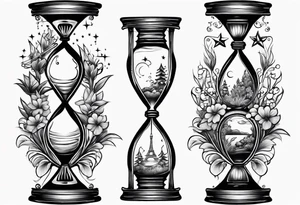 hourglass with vegetation, stars and hydrogen atoms tattoo idea