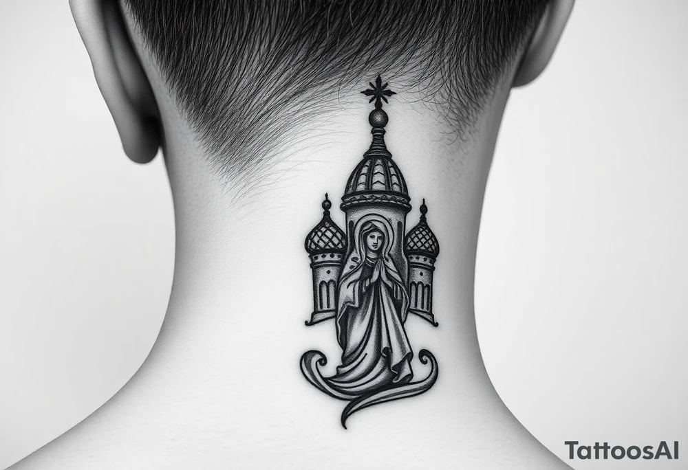 Flowing Scene

A single onion dome rising up toward the ear
Virgin Mary in prayer pose wrapping around the lower neck curve
A small eagle or just the star tucked above the dome near the hairline tattoo idea