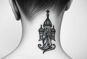 Flowing Scene

A single onion dome rising up toward the ear
Virgin Mary in prayer pose wrapping around the lower neck curve
A small eagle or just the star tucked above the dome near the hairline tattoo idea