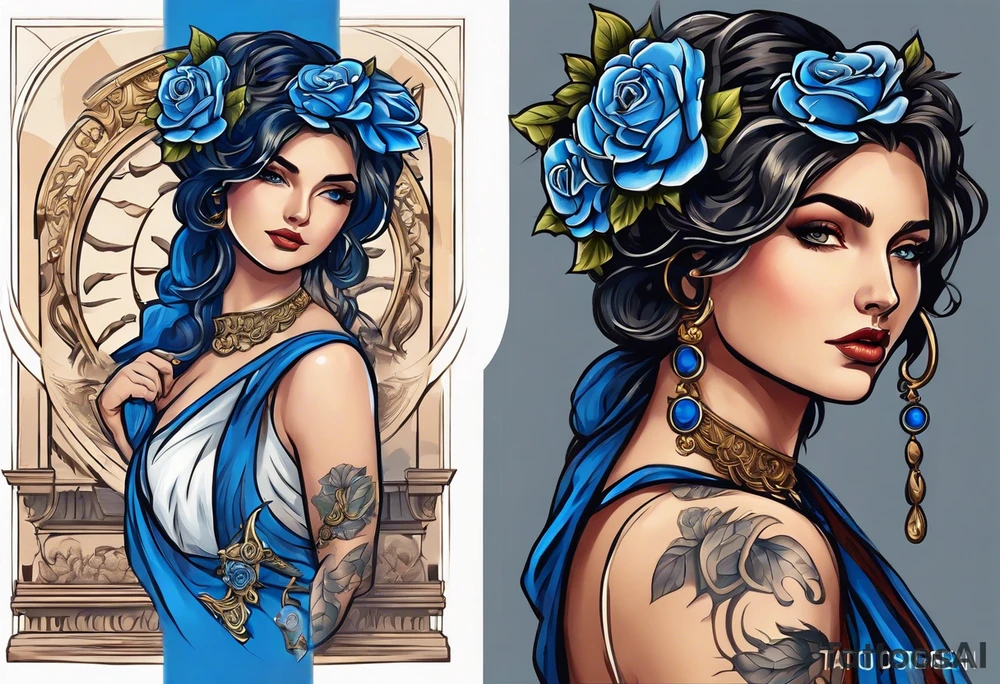 ancient rome clothes women, with ancient scale in one hand, blue rose frames, justicia tattoo idea