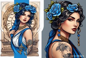 ancient rome clothes women, with ancient scale in one hand, blue rose frames, justicia tattoo idea