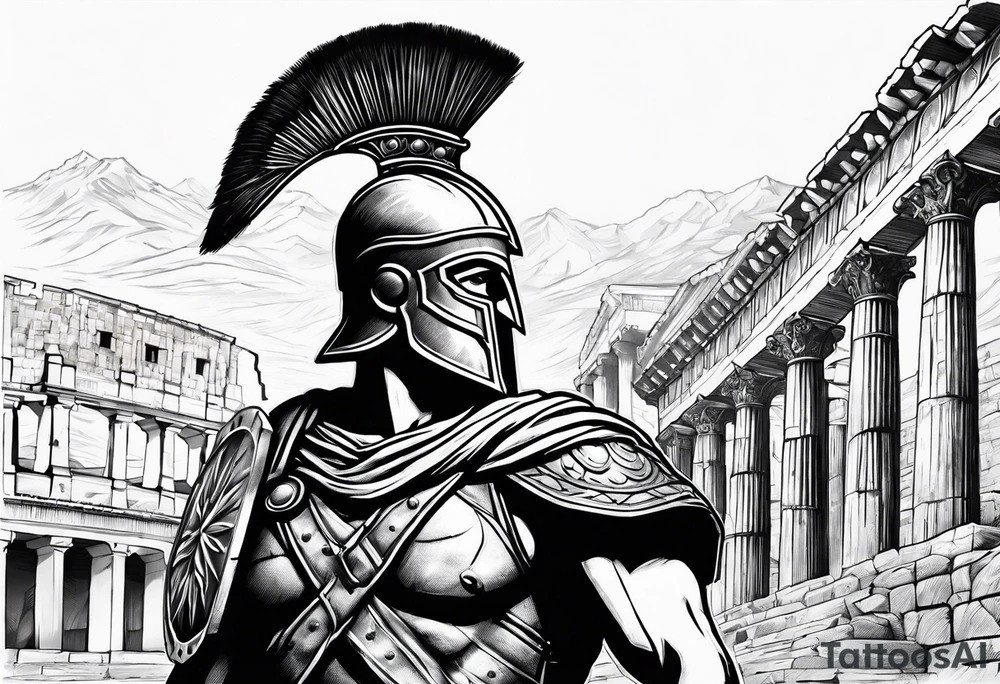 Side profile Spartan Solider ancient roman city in the background tattoo idea