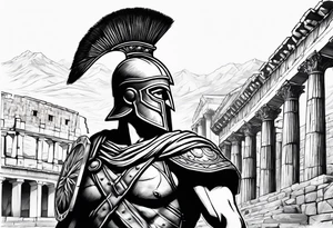 Side profile Spartan Solider ancient roman city in the background tattoo idea