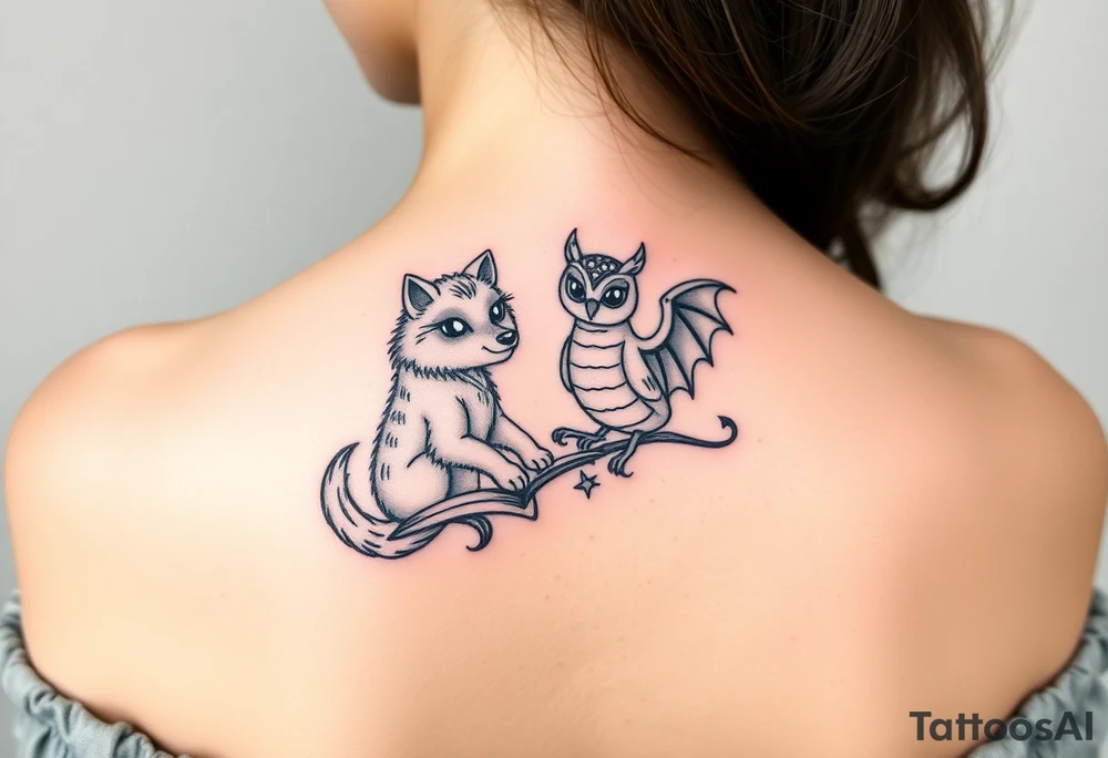 An open book with a werewolf, an owl & a dragon tattoo idea